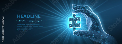 Hand holding puzzle piece in blue light. Problem solving, business strategy, innovation concept, digital connection, teamwork support, solution search, technology theme. Vector illustration