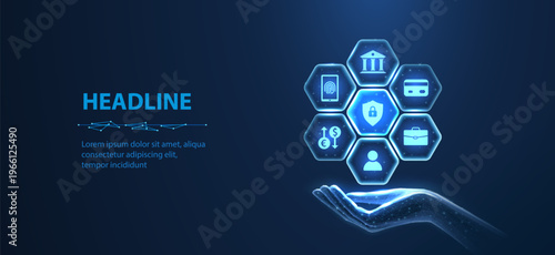 Finance icons above open hand on blue background. Digital banking, payment service, fintech security, online transaction, money management, finance technology concept. Vector illustration