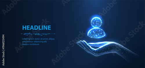 Human icon above open hand on blue background. Digital user support, virtual profile, customer service, identity interface, online connection, future technology concept. Vector illustration