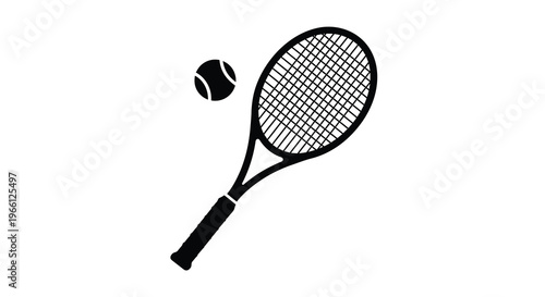 A black and white illustration depicts a tennis racket and ball suggesting the sport of tennis or recreation high quality professional