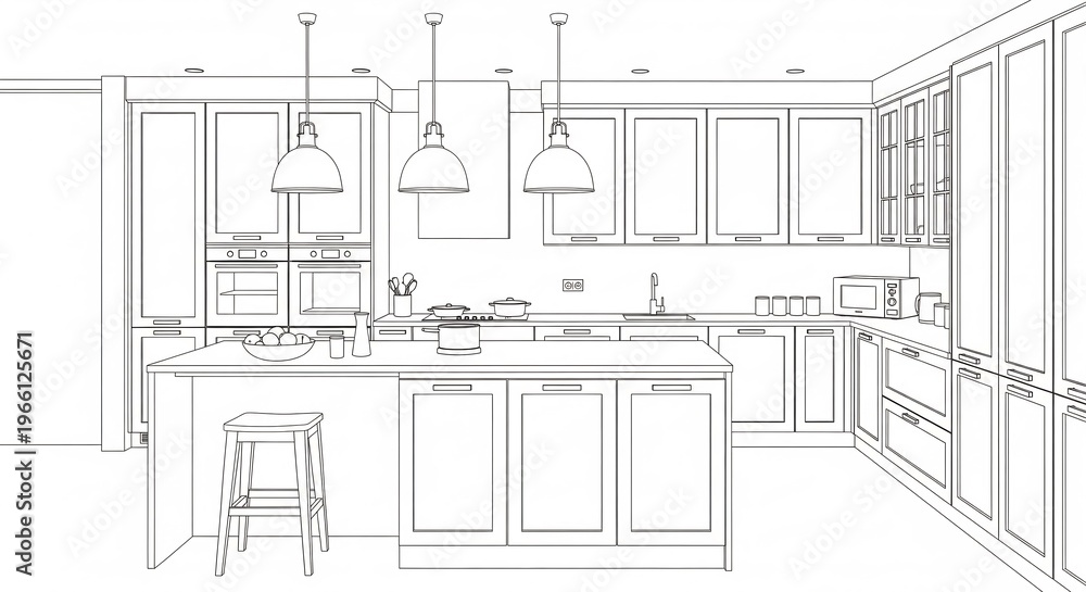Fototapeta premium Elegant Modern Kitchen Interior Outline with Island, Appliances, and Stylish Lighting Design