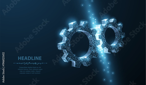 Glowing gears on blue background. Mechanical system, automation, engineering, digital process, machine connection, industrial teamwork, future technology concept. Vector illustration