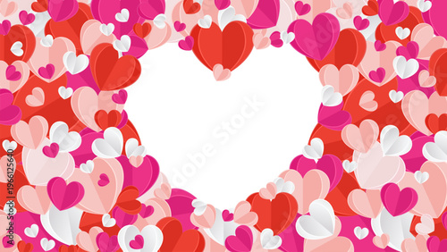 Heart Frame Background, paper cut style valentines day greeting card with red and pink confetti hearts