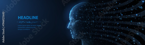 Human head with flowing data particles on blue background. Artificial intelligence, neural network, machine learning, digital stream, futuristic mind, innovation concept. Vector illustration