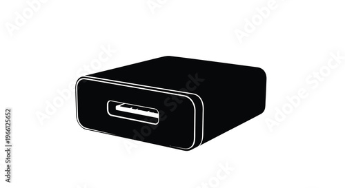 A stark black and white illustration depicts a rectangular external hard drive with a usb port high quality professional detailed modern