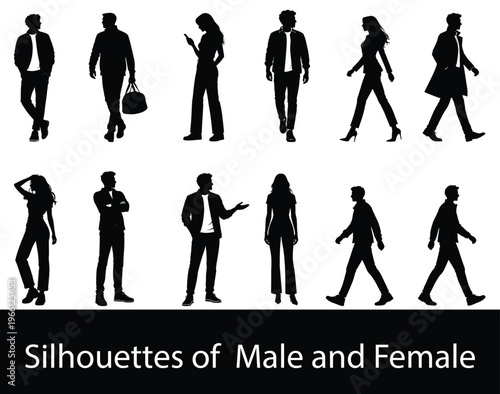 Business people silhouettes set, men and women standing and walking figures in black isolated on white background