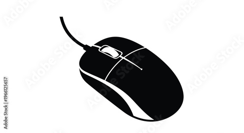 A stark black and white silhouette depicts a modern computer mouse showcasing its ergonomic shape and wired connection high quality professional