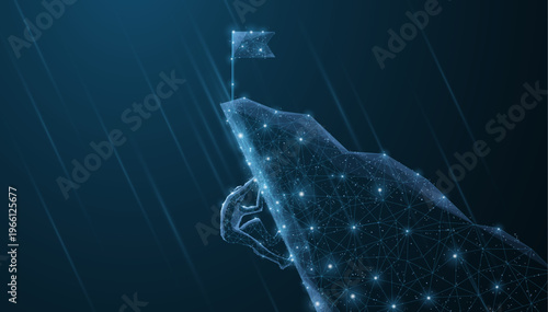 Hand holding smart city hologram in blue rain. Urban network, wireless connection, innovation, data flow, future communication, infrastructure, digital interface concept. Vector illustration