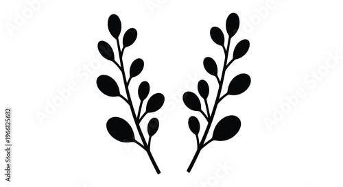 This image features two symmetrical branches with rounded leaves rendered in a stark black and white style high quality professional detailed