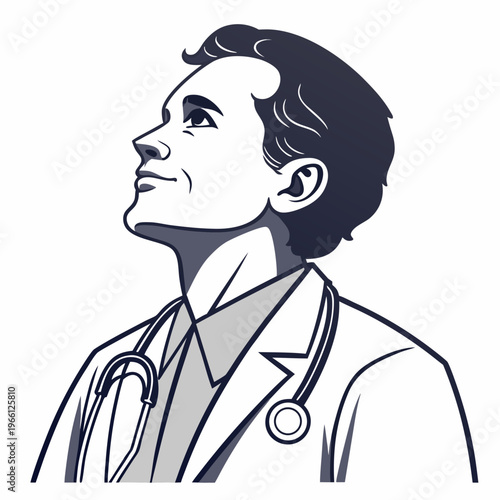 A doctor looking up with a stethoscope around his neck
