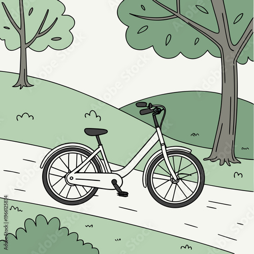 A white bicycle parked on a path in a park