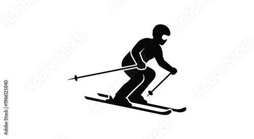 A silhouetted image depicts a skier in motion dynamically descending a snowy slope with poles extended high quality professional detailed modern