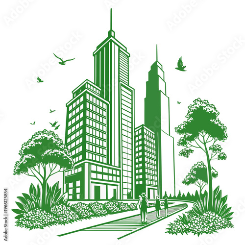 A green drawing of a city with tall buildings
