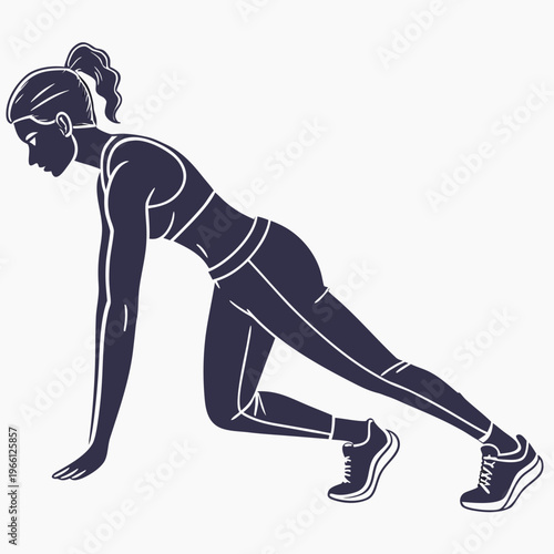 Woman in a push-up position on her hands and one knee