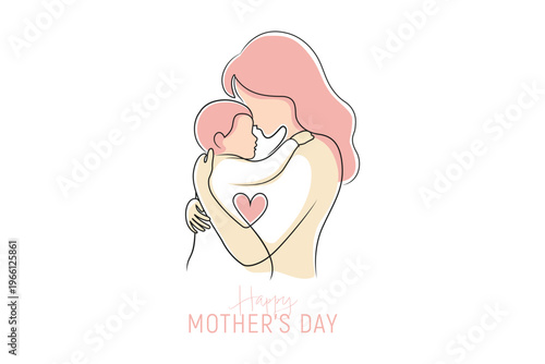 Mothers Day Illustration, continuous line drawing of a mother hugging her baby with a heart icon