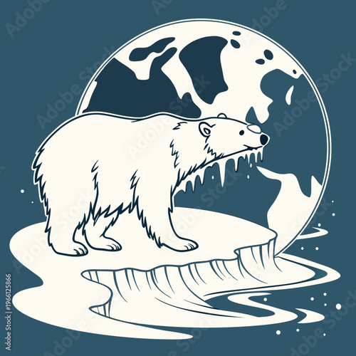 Polar bear standing on melting ice in front of earth