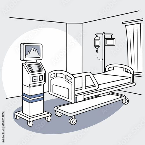 Hospital room with a bed and medical equipment