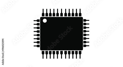 A black silhouette depicts a rectangular microchip with numerous pins arranged around its perimeter high quality professional detailed modern elegant stylish