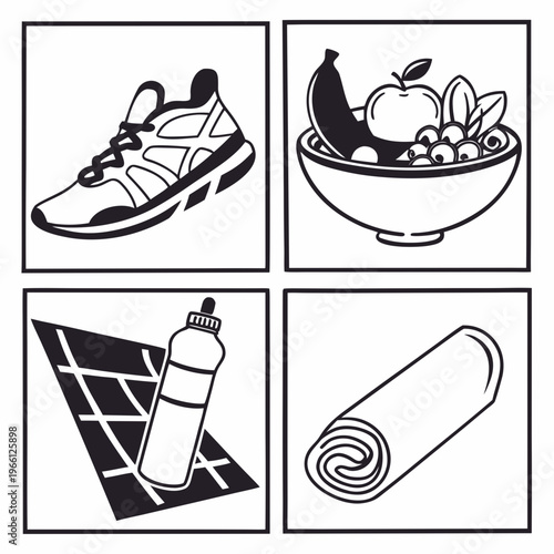 Four icons of a running shoe fruit salad water bottle and yoga mat