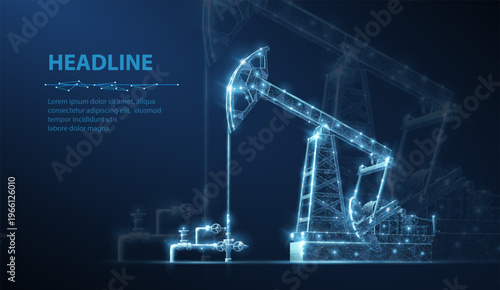 Futuristic oil pump jack in blue glow. Energy production concept, petroleum extraction, industrial machinery, drilling technology, engineering field, digital industry scene. Vector illustration