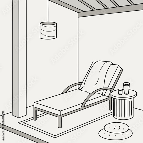 A lounge chair with a towel on it and a side table