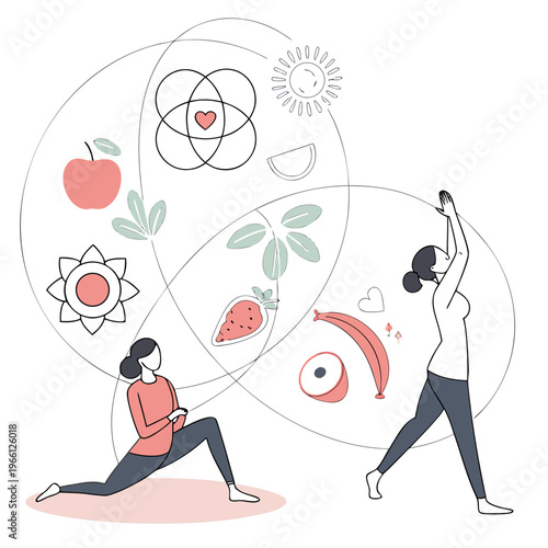 Two women exercising with healthy food and science symbols