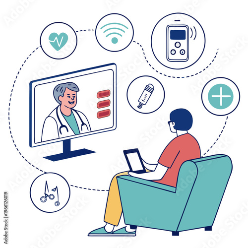 Patient sitting on a couch with a doctor on a screen