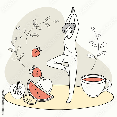 Woman in tree pose with fruit and tea