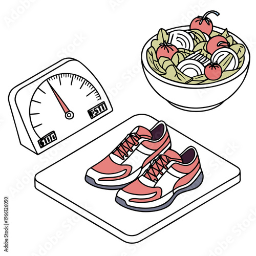 A pair of sneakers on a scale next to a bowl of food