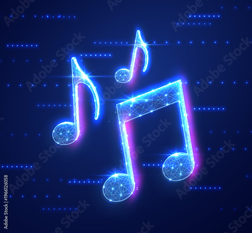 Glowing musical notes on blue background. Sound concept, melody symbol, audio rhythm, digital music technology, entertainment design, futuristic creative illustration scene. Vector illustration