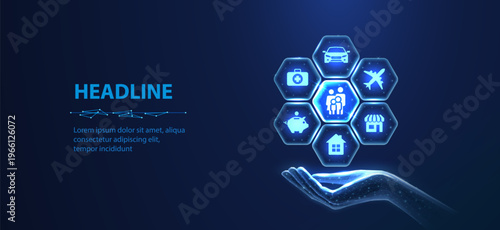 Hand holding smart service icons in hexagons. Digital support concept, healthcare, travel, shopping, home, insurance, online technology network scene. Vector illustration