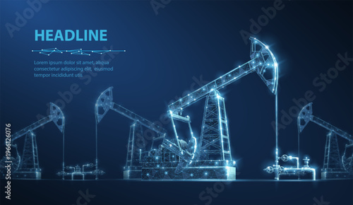 Futuristic oil pump jacks in blue glow. Energy industry concept, petroleum extraction, drilling equipment, industrial production, digital engineering field scene. Vector illustration