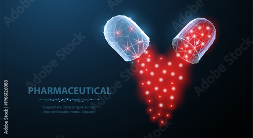 Glowing capsules forming red heart shape. Pharmaceutical concept, medicine care, healthcare treatment, drug therapy, medical innovation, futuristic science design. Vector illustration