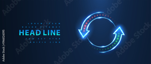 Glowing circular arrows in blue light. Refresh concept, sync process, data exchange, update cycle, digital rotation, connection flow, futuristic technology interface. Vector illustration
