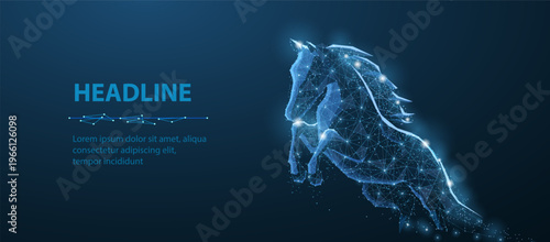 Glowing polygon horse running in blue light. Speed concept, digital animal, power, motion, futuristic energy, abstract technology design, dynamic innovation scene. Vector illustration