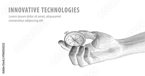 Hand holding compass in sketch style. Direction concept, navigation, strategy, guidance, planning, innovative technology, leadership, vision, decision making scene. Vector illustration