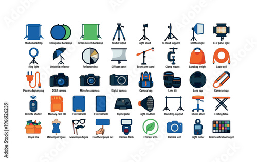 Collection of photography equipment and studio accessories for professional shoots