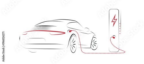 Minimal electric car outline charging at station. EV concept, clean transport, battery power, sustainable mobility, modern automotive design, energy saving technology. Vector illustration