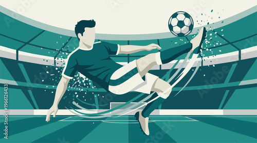Soccer player kicking ball in stadium, dynamic action sports illustration