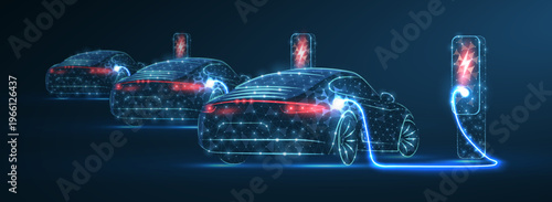 Futuristic electric cars charging with glowing cable. EV transport, clean energy, battery power, smart mobility, innovation, sustainability, digital automotive concept. Vector illustration
