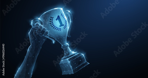 Hand holding glowing winner trophy on dark background. Success concept, achievement award, victory prize, business leadership, motivation, futuristic digital celebration scene. Vector illustration