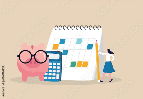 Monthly cost or budget, expense to pay bill, mortgage or debt, plan for savings or investment, money management or credit card payment, smart woman plan her monthly budget with calendar