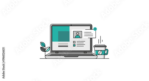 Laptop with coffee cup nearby workspace.