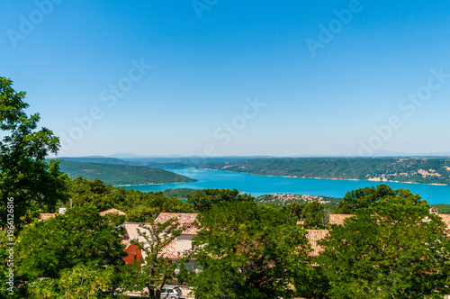 Overlooking lac de Sainte-Croix, a beautiful mountain lake in the French provence, from the town of Aiguines.