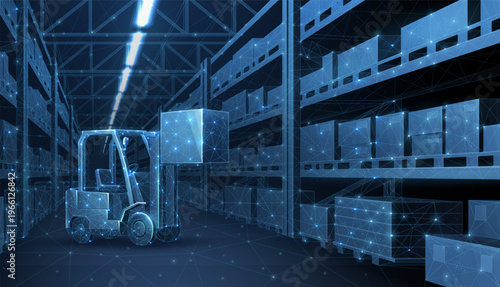 Forklift moving boxes inside warehouse aisle. Logistics transport, storage handling, cargo distribution, industrial supply chain, inventory management concept. Vector illustration