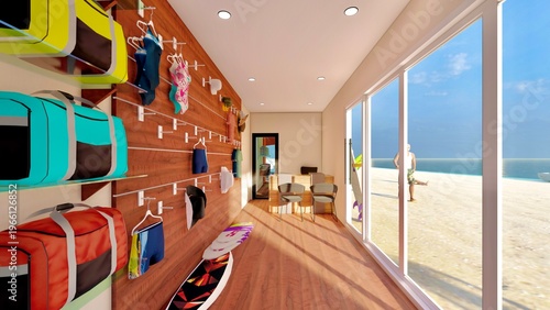 Canvas Print Modern Beachfront Surf Shop Interior Design with Ocean View 3D Render