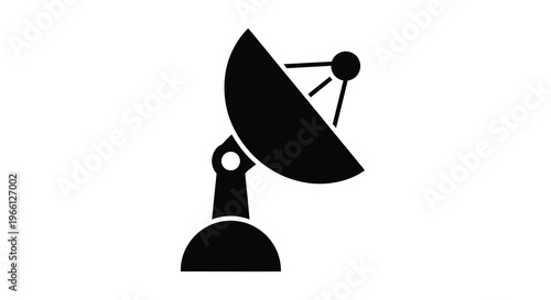 A minimalist black silhouette of a satellite dish is displayed against a stark white background conveying technology high quality professional detailed
