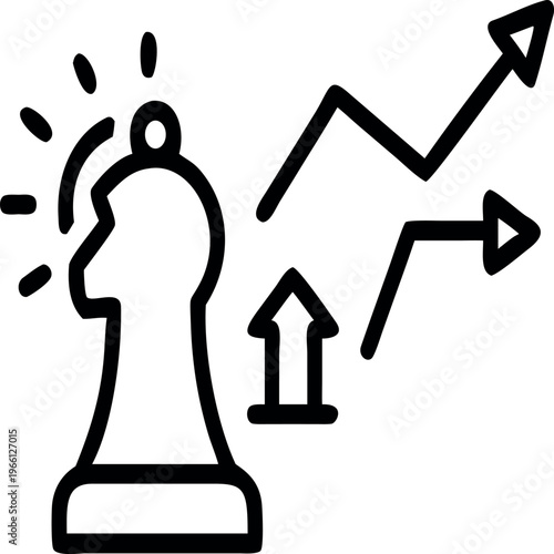 A black and white drawing of a chess piece with arrows