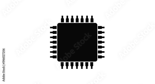 A stark black silhouette depicts a microchip showcasing numerous pins and a central processing area high quality professional detailed modern elegant
