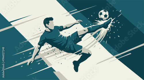Dynamic Soccer Player Kicking Ball in Abstract Graphic Illustration